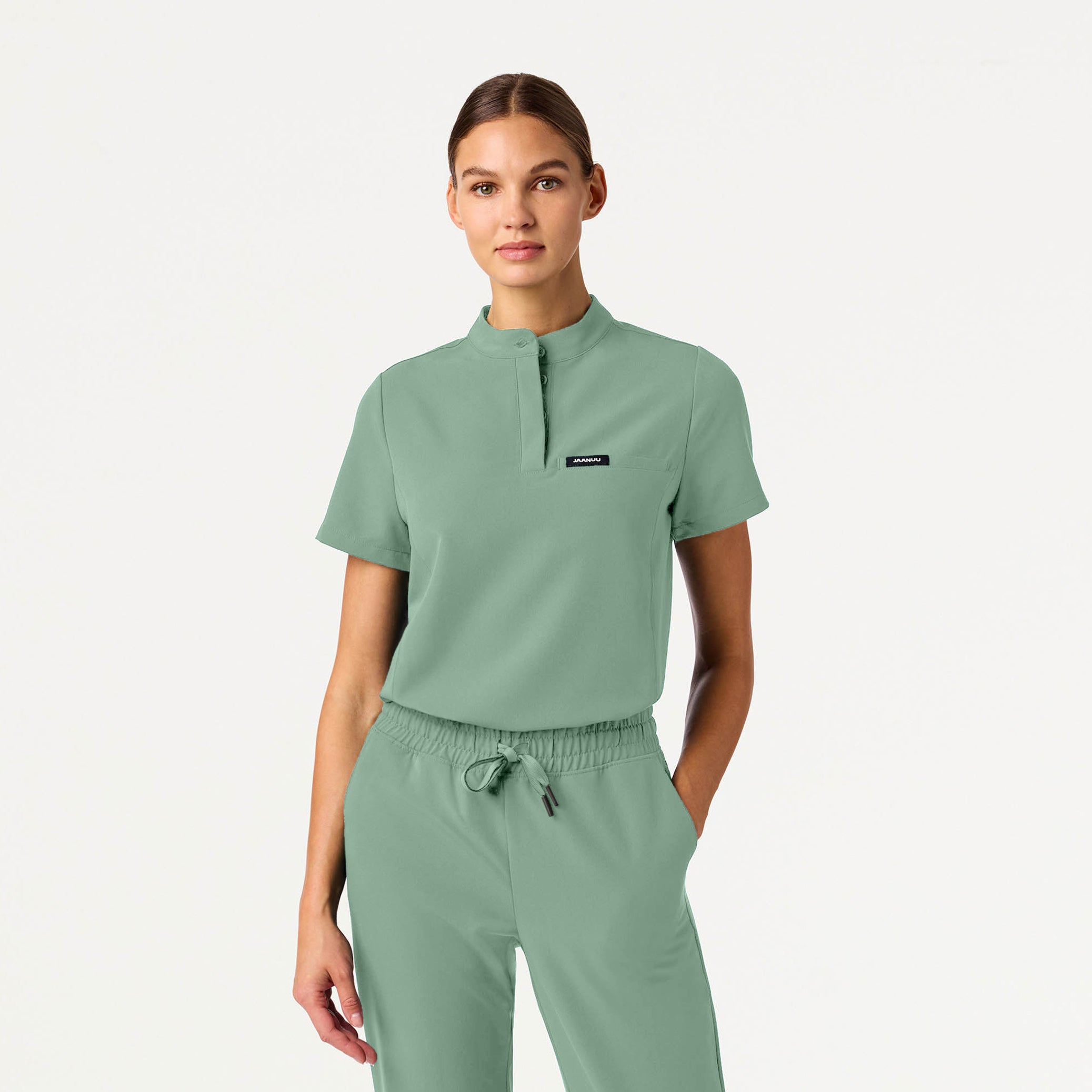 Savi Tuck-In Stand-Collar Scrub Top - Sage