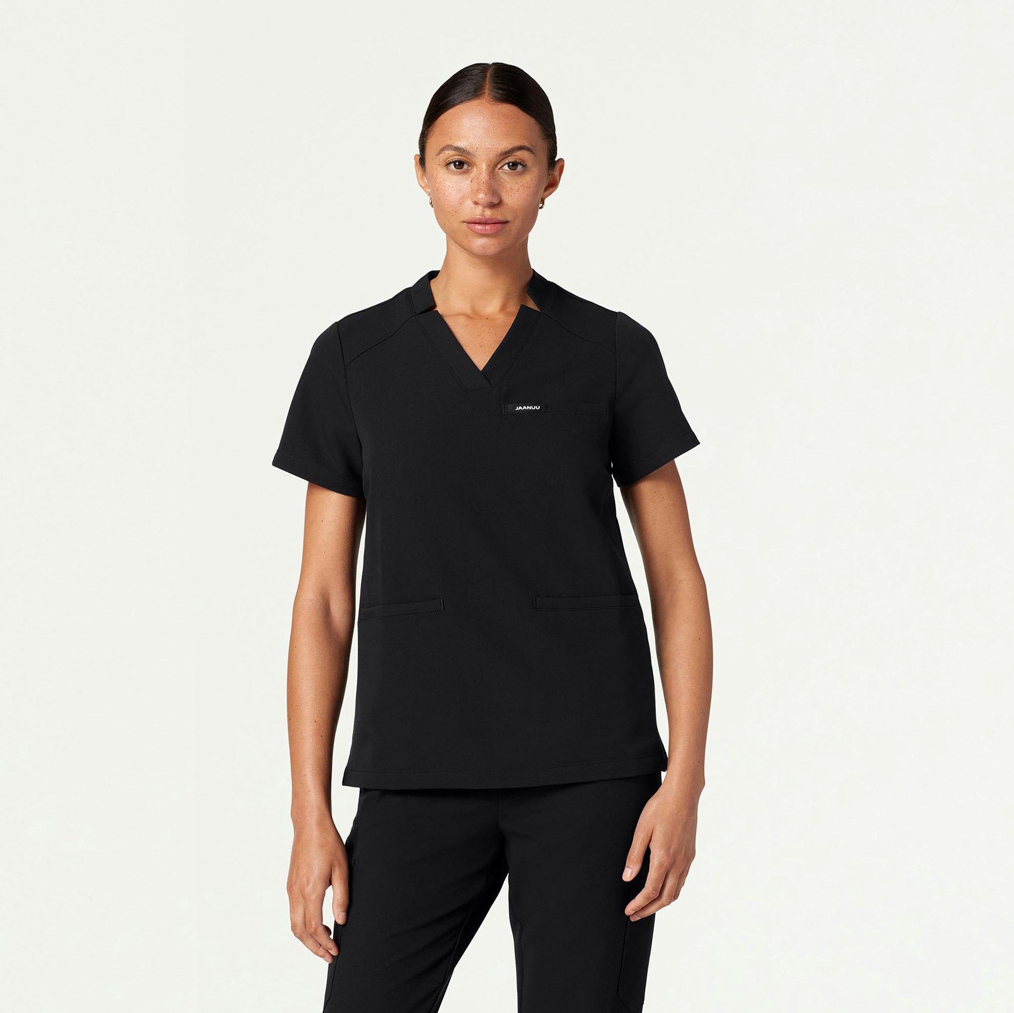 Helia Notched V-Neck Scrub Top - Black