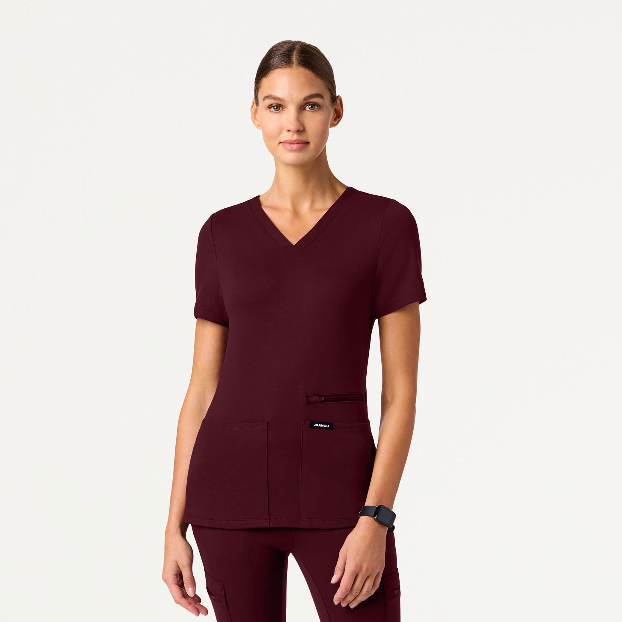 Kass Slim 4-Pocket UltraSOFT Scrub Top - Burgundy
