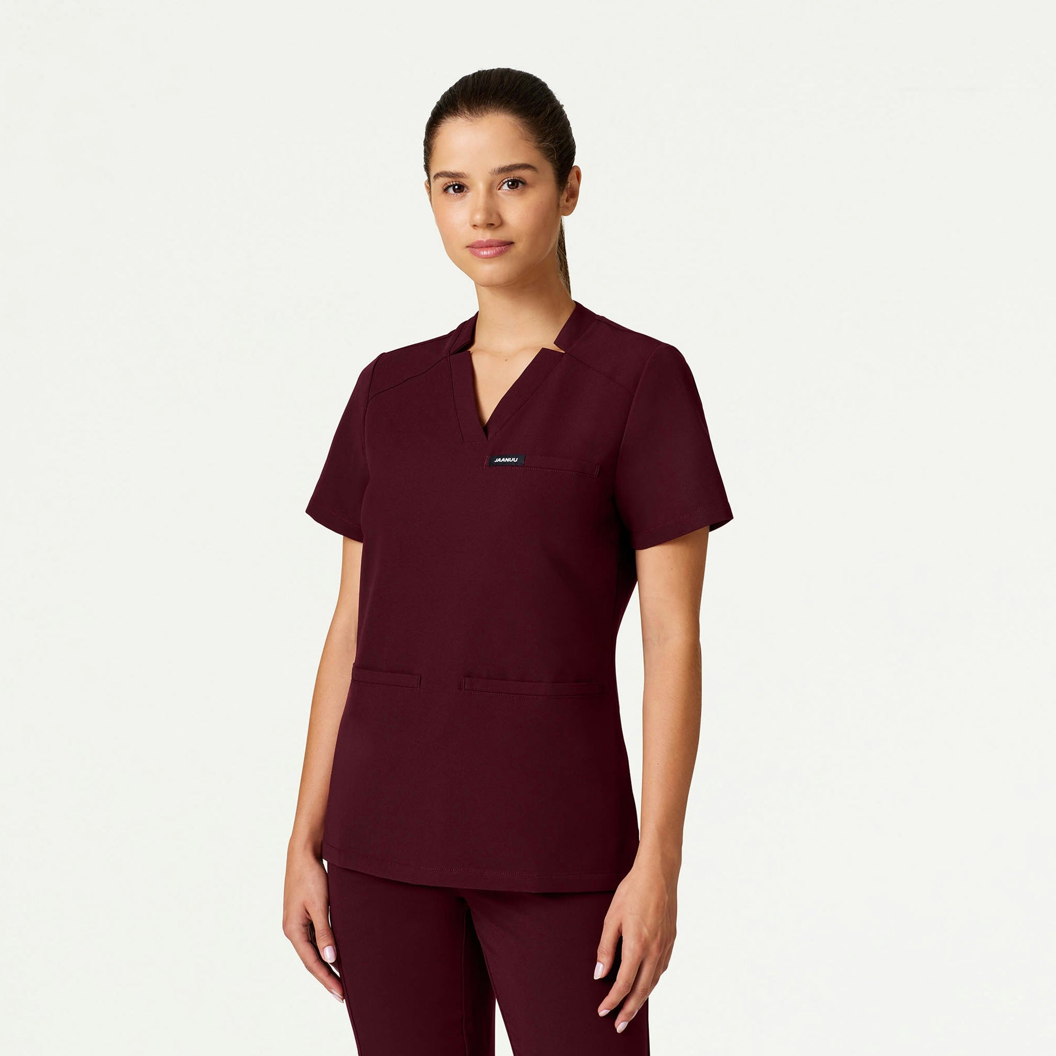 Helia Slim Notched V-Neck Scrub Top - Burgundy