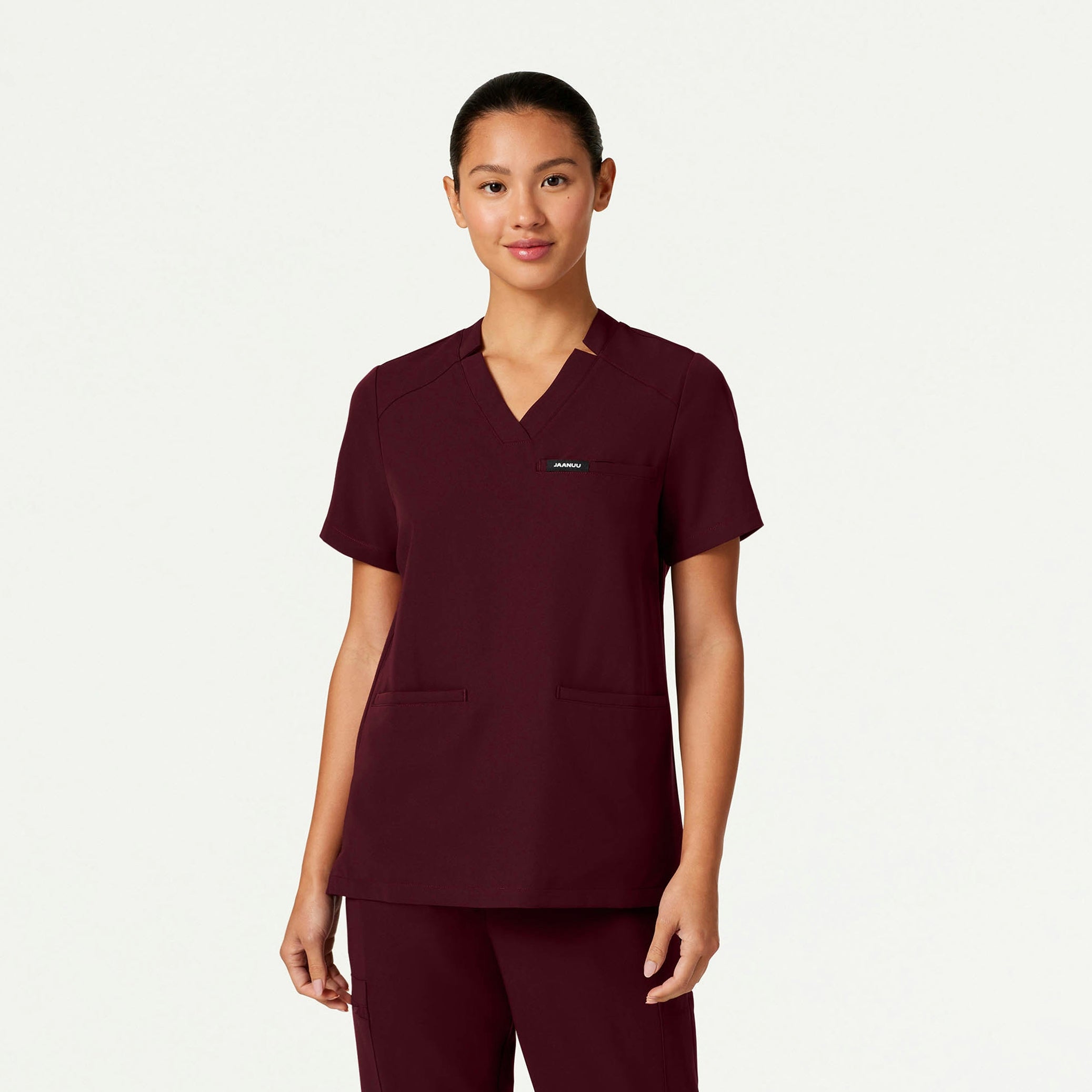 Helia Notched V-Neck Scrub Top - Burgundy