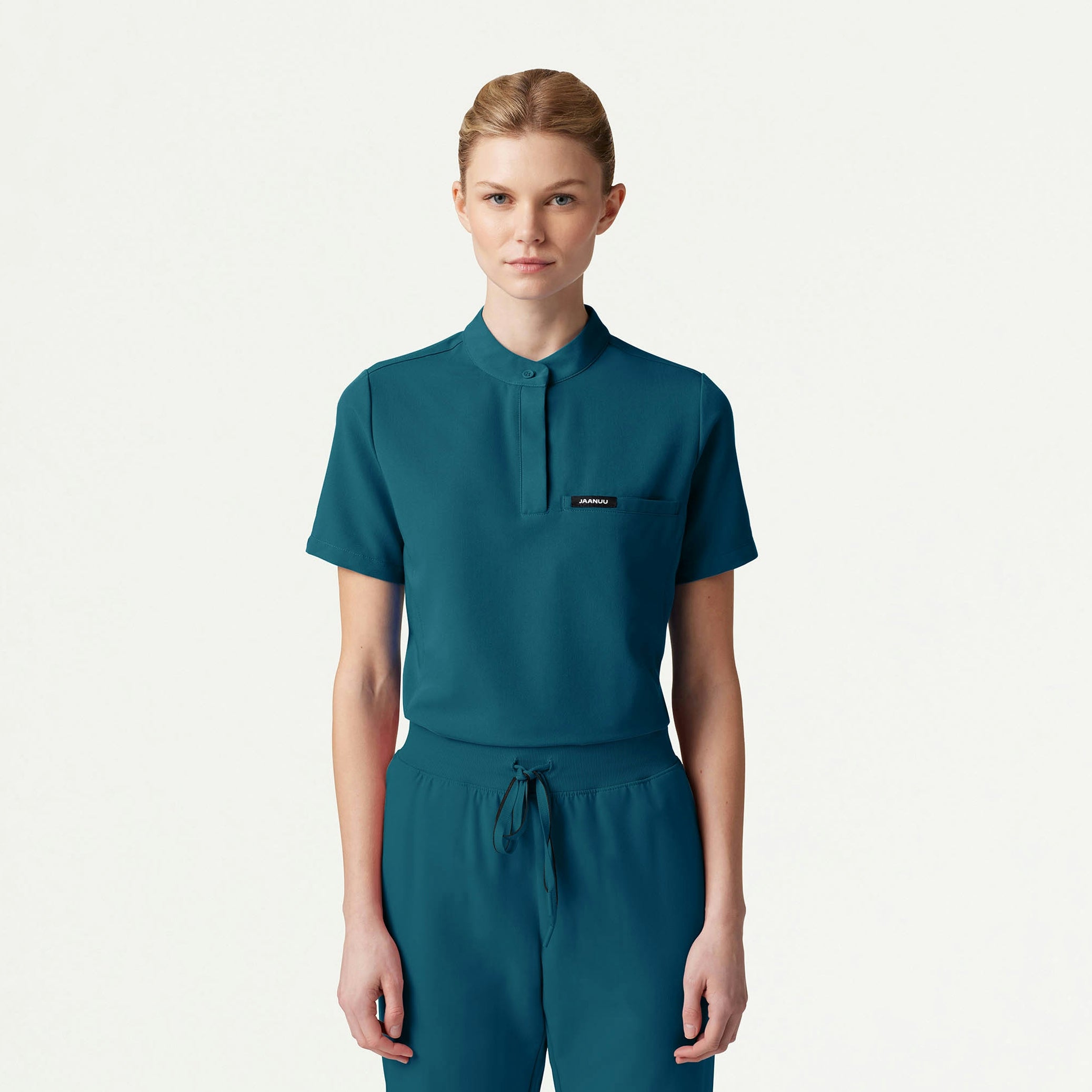 Savi Tuck-In Stand-Collar Scrub Top - Caribbean Blue