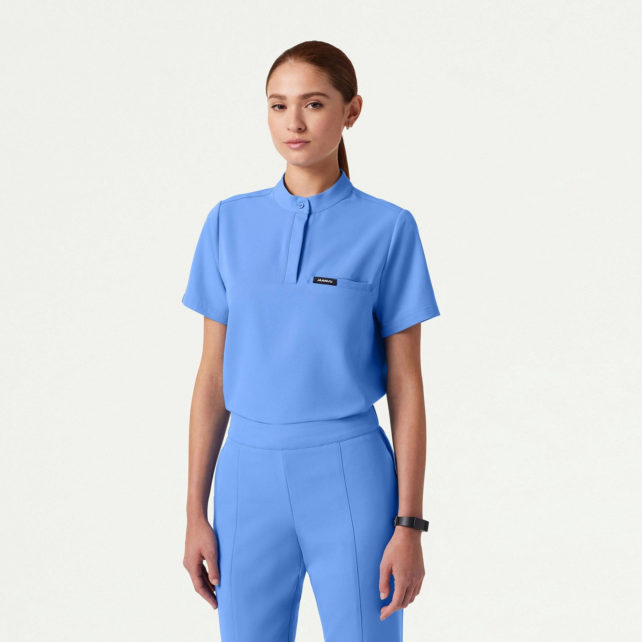 Savi Tuck-In Stand-Collar Scrub Top - Ceil Blue