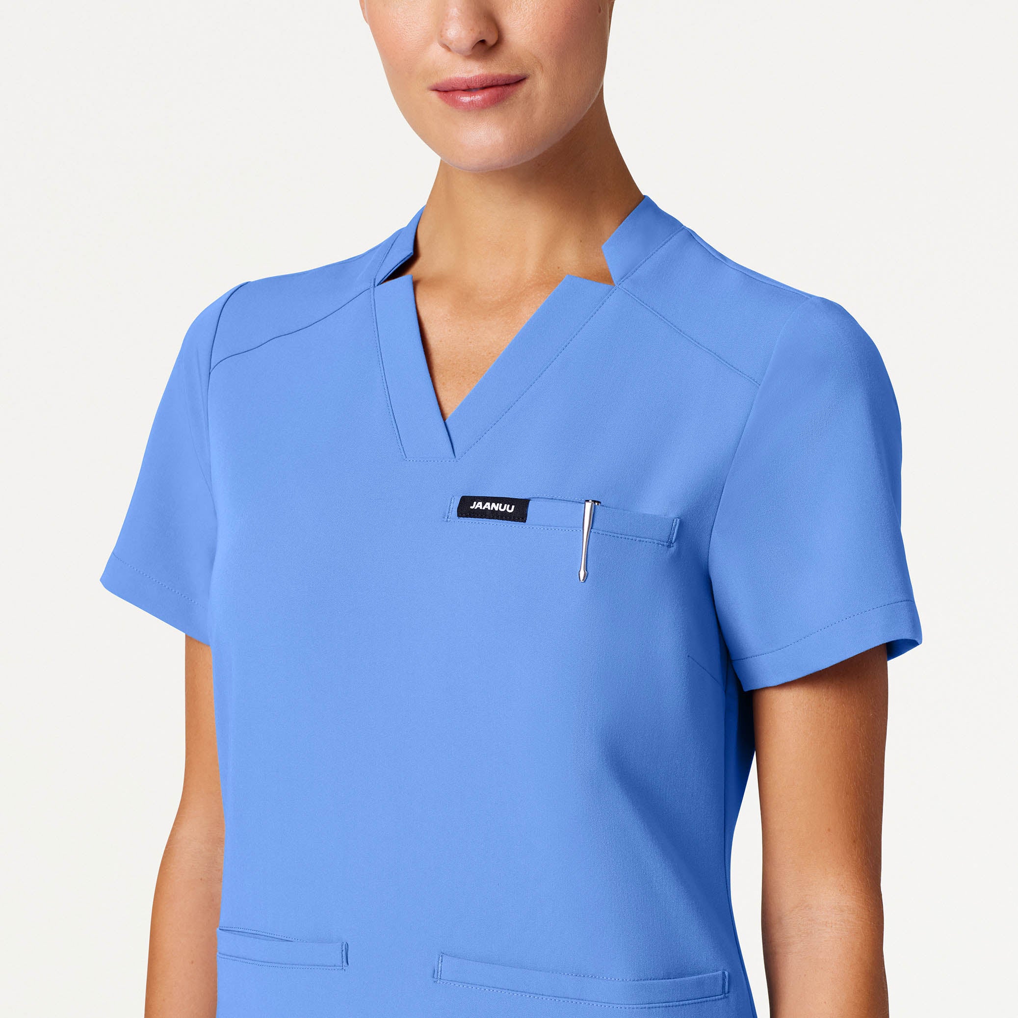 Helia Slim Notched V-Neck Scrub Top - Ceil Blue