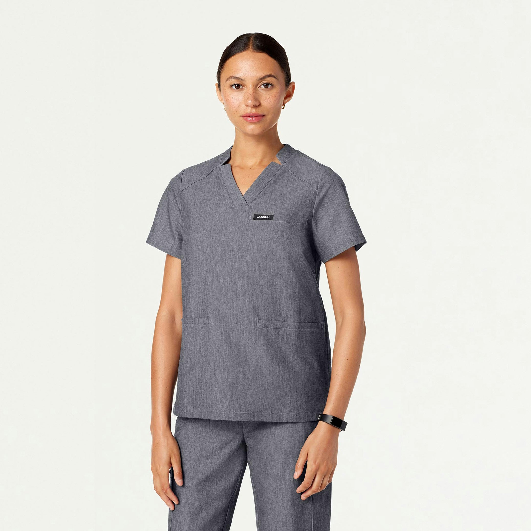 Helia Notched V-Neck Scrub Top - Heather Gray