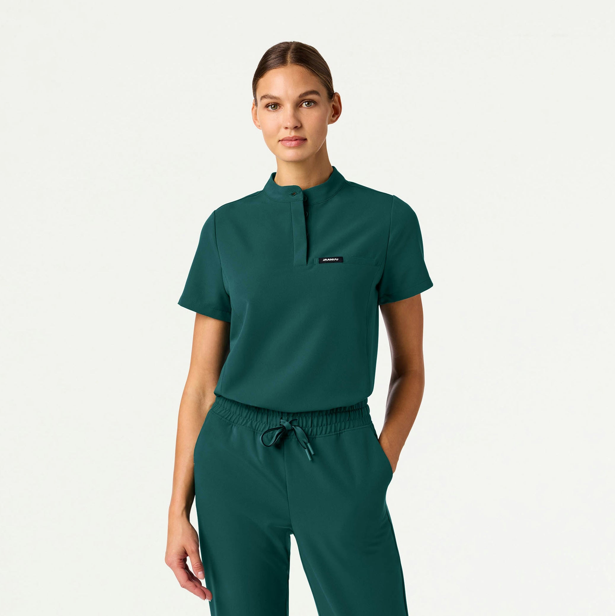 Savi Tuck-In Stand-Collar Scrub Top - Midnight Green