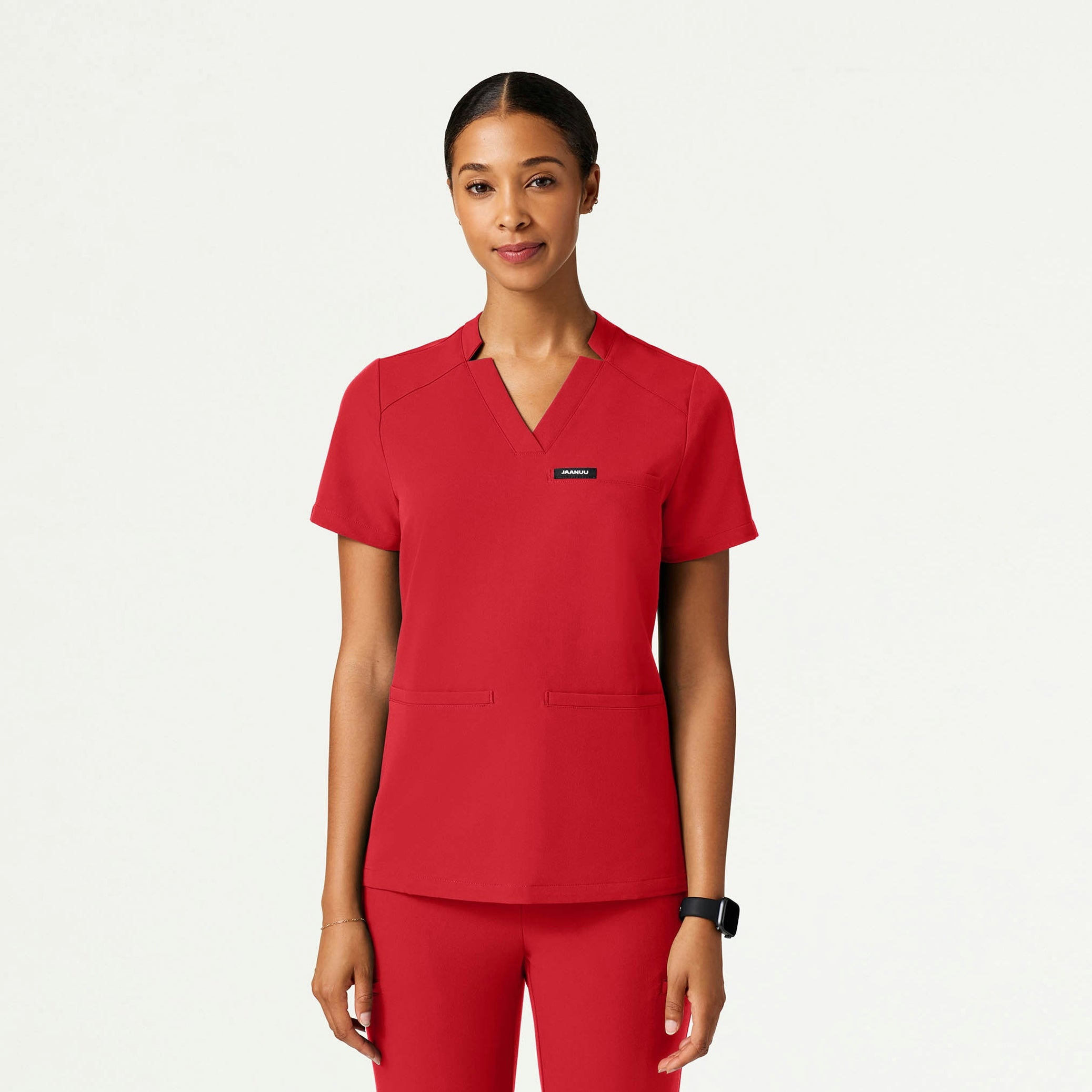 Helia Slim Notched V-Neck Scrub Top - Brilliant Red